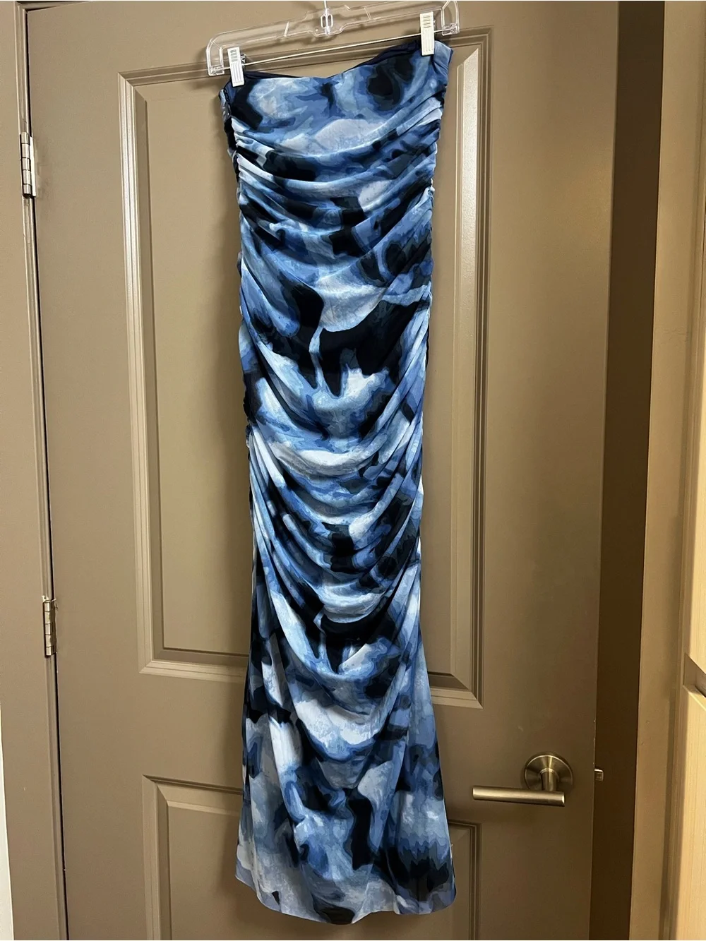 Abercrombie & Fitch Strapless Ruched Mesh Maxi Dress Small Blue Pattern